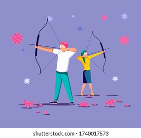 People shoot viruses with a crossbow. The victory of mankind over a pandemic, coronavirus lockdown ending metaphor. Flat Art Vector Illustration