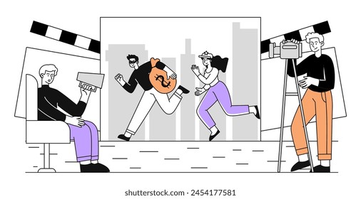 People shooting movie simple. Two cameramen with camera recording scene for show. Actors burglar and victim at street. Film industry and series production. Doodle flat vector illustration