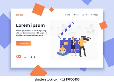 People shooting reportage and man viewing it on laptop vector. News making, online news, television. Broadcasting concept. Creative design for layouts, web pages, banners