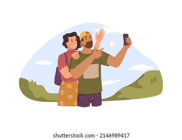 People shooting video of traveling, man and woman taking selfie while having trip or journey on vacation. Vector flat cartoon character, male and female surrounded by nature and greenery