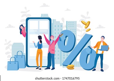 La gente compra en línea. Descuento, comercio electrónico y compras en línea. Ilustración vectorial para banner web, infografía, móvil. Comprando en una gran ciudad, todas las tiendas en tu smartphone. 