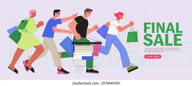 People shop online. E-commerce and online shopping. Man push shopping cart and woman holding boxes or presents. Special offer or big seasonal sale, discounts banner, flyer, web or landing page.