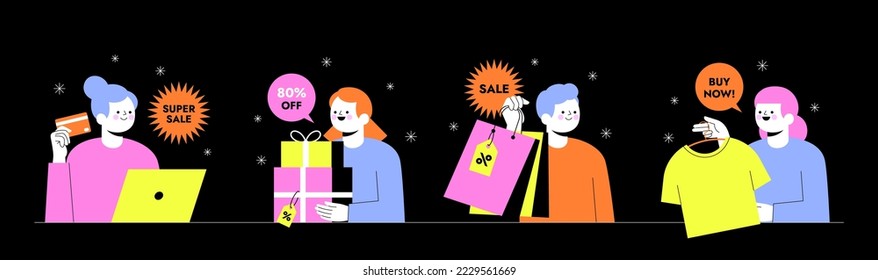 People shop online. E-commerce and online shopping. Special offer or big seasonal sale. Black friday sale banner, flyer, web or landing page, ad, poster, advertisement. Trendy flat vector illustration