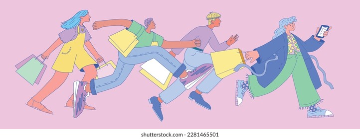 People shop online. E-commerce and online shopping. Crowd running for shopping. Buyers with bags. Special offer or big seasonal sale, discounts banner, flyer.