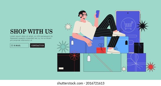 People shop online. Man buy presents or gift for relatives, friends and pay online in a store through smartphone mobile application. Banner, landing web page concept of E-commerce and online shopping.