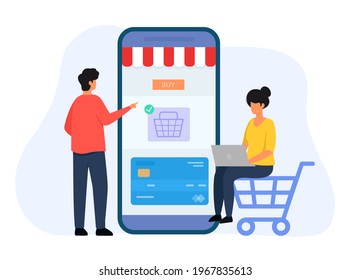 People shop online. Online store with mobile. Man and girl are shopping through smartphone and laptop. Vector illustration. Modern flat style.