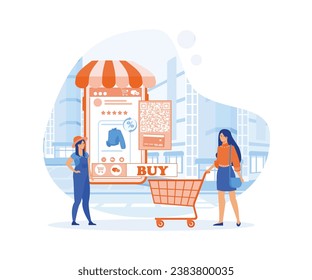 People shop online. Online store with mobile. Man and girl are shopping through smartphone and laptop. flat vector modern illustration