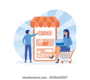 People shop online. Online store with mobile. Man and girl are shopping through smartphone and laptop. flat vector modern illustration 