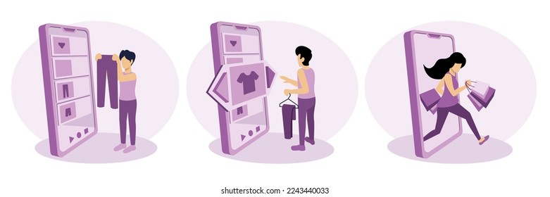 People shop online via smartphone. Characters make online purchases in online store using mobile app. Buyers choose clothes. Woman with bags after shopping. Business illustration in flat style. Vector