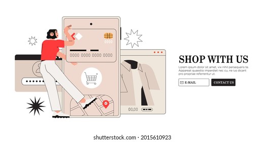 People shop online. Woman with buy and pay online in a store through mobile application with her credit or debit card. Concept of E-commerce and online shopping for banner, landing or web page.