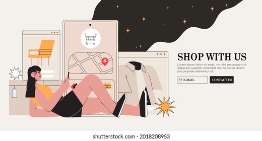 People shop online. Woman buy clothes, furniture in online store 
and order delivery through mobile application, pay her credit card. Concept of E-commerce and shopping for banner, landing web page.