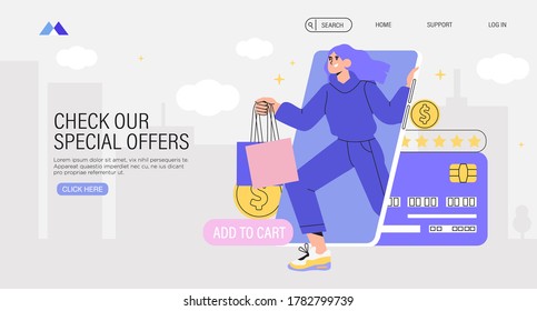 People shop online. Woman with shopping bags buy and pay online in a store through mobile application with her credit card. Concept of E-commerce and online shopping for banner, landing or web page.