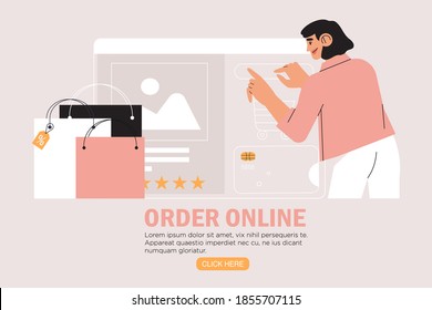 People shop online. Woman with shopping bags buy and pay online in a store through mobile application with her credit card. Concept of E-commerce and online shopping for banner, landing or web page.