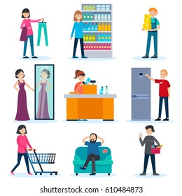 People in shop set with merchandiser loader cashier consultant and customers in different situations isolated vector illustration