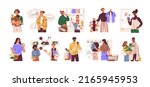 People shoppers choosing goods in retail stores set. Customers deciding what to buy. Buyers making different purchases, clothes, food. Flat graphic vector illustrations isolated on white background.