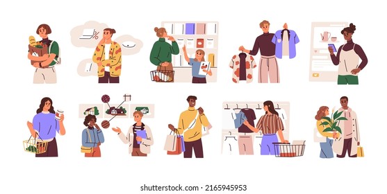 People shoppers choosing goods in retail stores set. Customers deciding what to buy. Buyers making different purchases, clothes, food. Flat graphic vector illustrations isolated on white background.