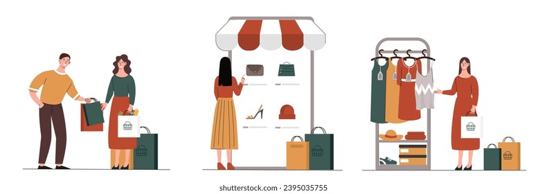 People shoppers in stores set. Man and women with shopping bags and smartphone. Online shop. Electronic commerce and digital marketing. Cartoon flat vector collection isolated on white background