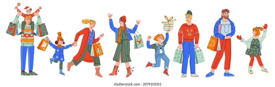 People with shopping bags buying Christmas gifts. Family winter Christmas shopping, flat cartoon vector illustration isolated on white background. Seasonal sales and fairs, holiday market buyers.