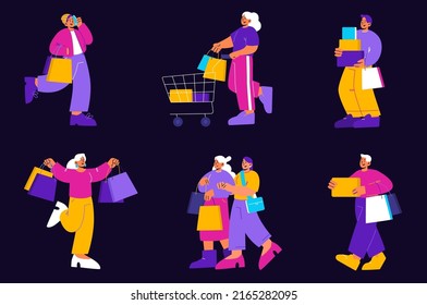 People with shopping bags, cart and boxes. Vector flat set of happy customers carrying purchases. Buyers walking from store, mall or market with bags isolated on black background