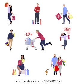 People with shopping bags, gifts and packs from retail and shop. Vector shop people, retail and store purchase, buyer with bag and cart illustration