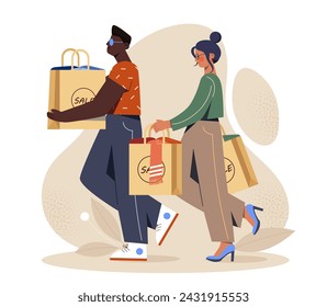 Gente con bolsas de la compra. Hombre y mujer con paquetes con mercancías. Los adictos a las compras caminan desde el mercado o la tienda. Clientes y clientes, compradores. Ilustración plana del vector de la historieta aislada sobre fondo blanco