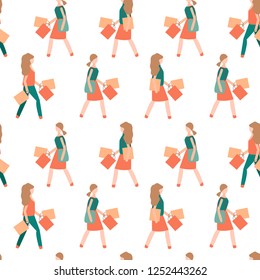 People with shopping bags. Seamless pattern with girls and woman.