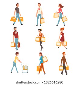 People with shopping bags set, young men and women enjoying shopping and purchasing of goods or gifts vector Illustration