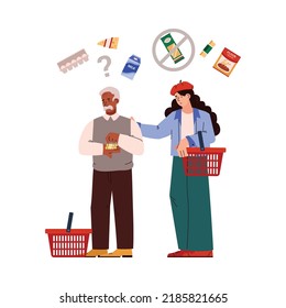 People with shopping baskets can not afford expensive food, flat vector illustration isolated on white background. Concepts of food shortage, rising prices and global economic crisis. Sad elderly man.