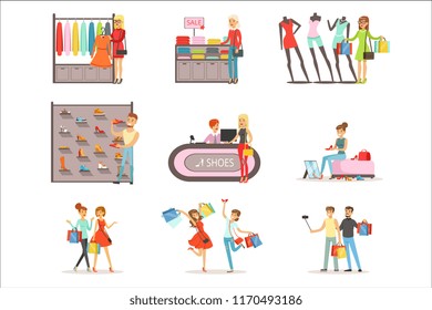 People shopping and buying clothes and shoes set, clothing store interior colorful vector Illustrations isolated