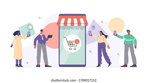 People Shopping and Buying Online on Smartphone. Female and Male Characters Making Order in Mobile App. Mobile Commerce and Online Shopping Concept.  Flat Cartoon Vector Illustration.