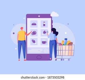 People with Shopping Cart Choosing and Buying Food Products in Mobile App. Online Grocery Store. Concept of Online Grocery Shopping, Food Order, Online Supermarket. Vector illustration for Mobile App