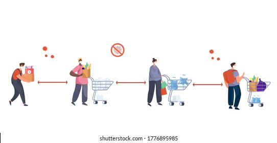 People with Shopping Cart Keeping Social Distancing two Metres and Coronavirus covid-19 Prevention in Shop.Characters in Medical Mask Buying Groceries.Protect yourself.Flat Vector Illustration