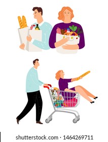 People with shopping cart, man and woman. Vector customer with food in store supermarket illustration