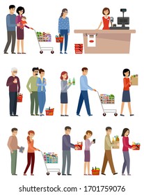 People with shopping carts and basket with food. Vector flat illustration