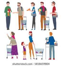 People with Shopping Carts and Baskets Set, Men and Women Doing Shopping at Mall or Supermarket Cartoon Style Vector Illustration on White Background