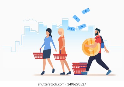 People shopping with carts. Cash, money, shopping, store. Shopping concept. Vector illustration for website, landing page, online store