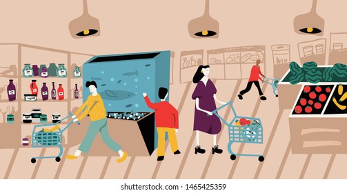 People with shopping carts choosing and buying products at grocery store. People purchasing food at ecomarket. Customers in retail shop. Vintage cartoon vector illustration.