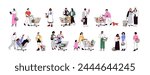 People with shopping carts set. Buyers, consumers with grocery trolleys and supermarket baskets walking. Customers with pushcarts. Flat graphic vector illustrations isolated on white background