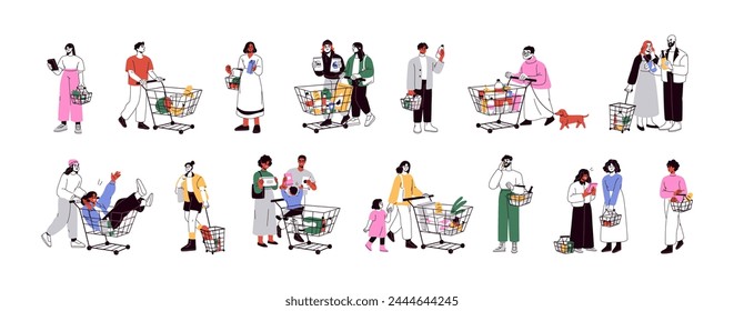 People with shopping carts set. Buyers, consumers with grocery trolleys and supermarket baskets walking. Customers with pushcarts. Flat graphic vector illustrations isolated on white background