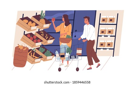 People shopping and choosing organic fruits and vegetables in grocery department store or supermarket. Man with trolley and woman with basket at shop. Buying food products. Flat vector illustration