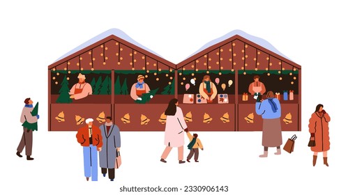 People shopping at Christmas market. Outdoor stalls, festive kiosks, winter holiday fair. Families, merchants, vendors at Xmas marketplace. Flat vector illustration isolated on white background