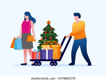 People shopping for christmas party. Decorate christmas tree and giftbox. flat vector illustration for banners, flyers and landing page  