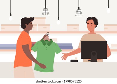 People shopping, client and vendor on cashier desk, payment for purchase vector illustration. Cartoon young man buyer character buying in retail shop store, holding clothes hanger to pay background