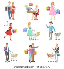 People Shopping For Clothes And Grocery