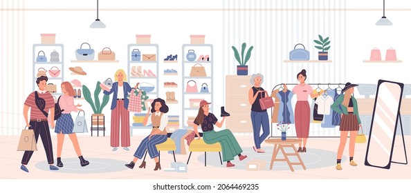 People shopping clothes in store. Diverse man, woman and couple choosing, trying and consulting to each other at fashion boutique. Seasonal sale or discount, black friday, buying goods cartoon vector