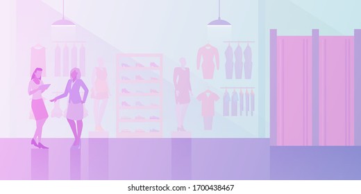 People shopping in Clothes Store Fashion Shop Mall Flat vector illustration. Customer and vendor assistant near cash-desk