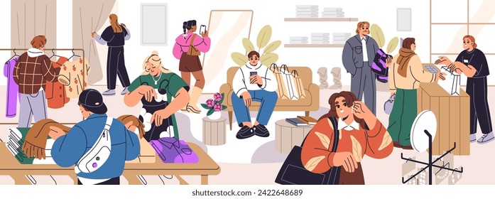 People shopping in clothes store panorama. Girl tries accessories, guy waiting on sofa. Customers choose, buy stylish garment. Cashier works, sales on boutique counter. Flat vector illustration.