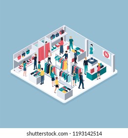 People shopping at the clothing store, isometric shop interior: discounts and sales concept