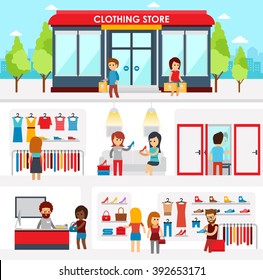 People shopping in the clothing store. Shop Interior. Colorful vector illustration design, infographic elements, banners in flat style. Clothing store facade on street. Men's and women's shopping