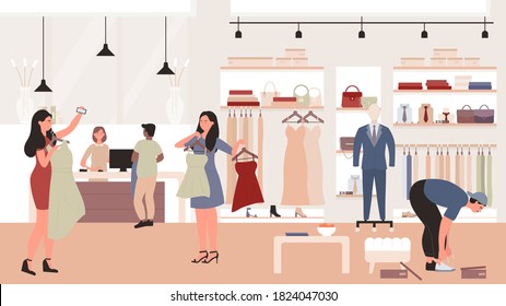 People shopping in clothing store vector illustration. Cartoon flat man woman customer characters standing and trying new fashion casual dress clothes in boutique or shop showroom interior background